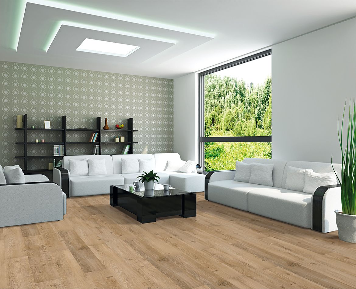Pavimento SPC effetto legno naturale in ambiente living dallo stile contemporaneo e luminoso.