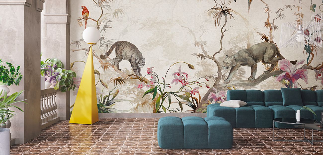 Ambiente creativo con parete decorata e pavimento a motivi classici
