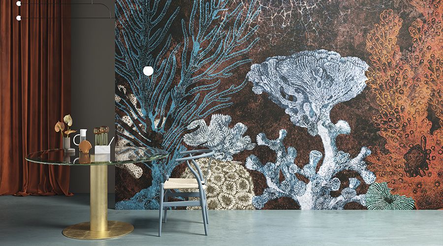 Carta da parati artistica Inkiostro Bianco con motivo marino e colori intensi
